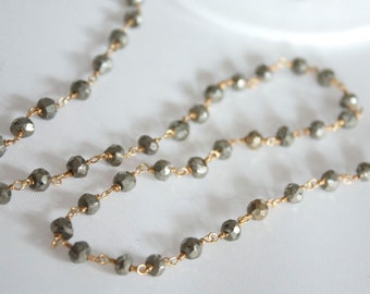 4 Feet Hand Cut Pyrite Gemstones with Gold Plated Wire Chain // Unfinished Chain // Jewelry Supply