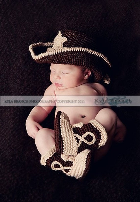 Baby Cowboy Hat and Boots Chocolate Brown and Tan Newborn and