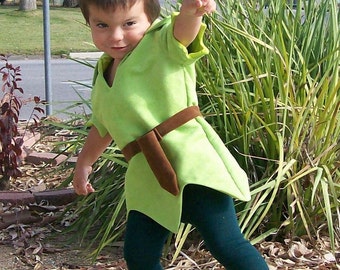 Peter Pan Costume Child Size Faux Lime Green Suede Tunic Green Felt Alpine Hat Red Feather Green tights faux suede belt sword sheath