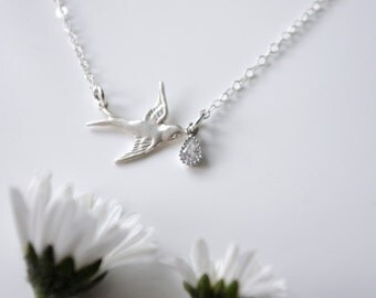 Silver Bird Necklace, Bird Jewelry, Bird Pendant, Swallow Bird Necklace, Flying Bird Necklace with Crystal Drop, Dainty Silver Necklace