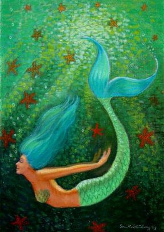 Blue hair Mermaid fantasy art starfish spiritual green sea