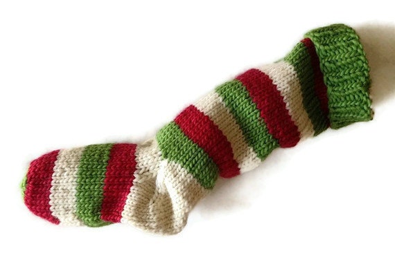 Hand Knit Christmas Stocking Hand Knit Green, Natural White, and Red Striped Santa Sock