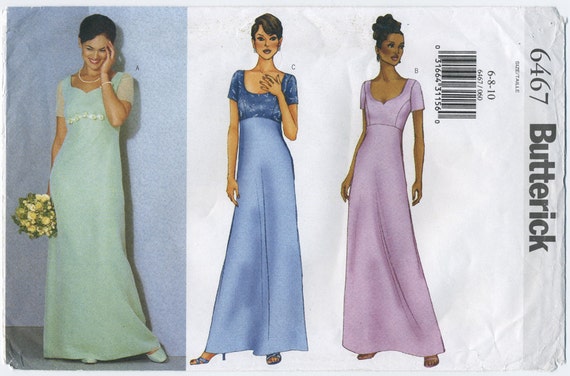 Empire Waist Gown Dress  Sewing Pattern  Butterick 6467 Size 6