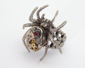 Steampunk Spider Ring Vintage Watch Movement with Gears and Red Garnet Crystal on Adjustable Silver Filigree Band Industrial Jewelry Gift