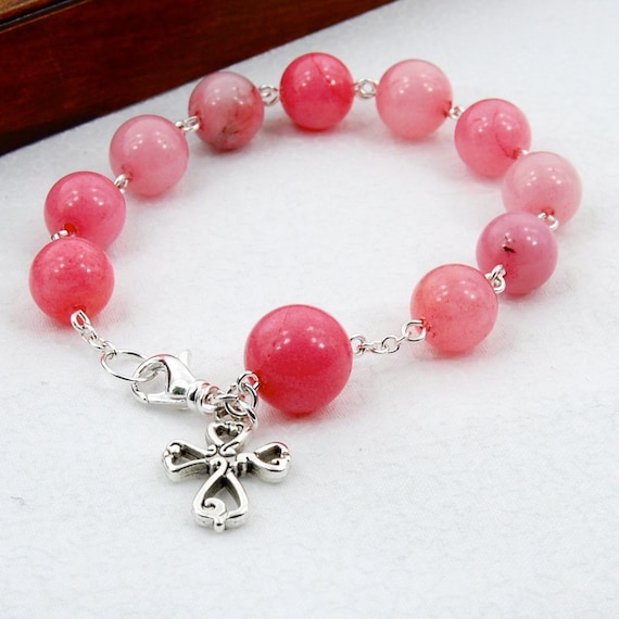 Items similar to Rosary Jewelry, Pink Jade Gemstone Rosary Bracelet