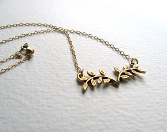 Gold leafy flower pendant necklace on delicate 14k gold plate chain, bib necklace, vintage inspired, branch