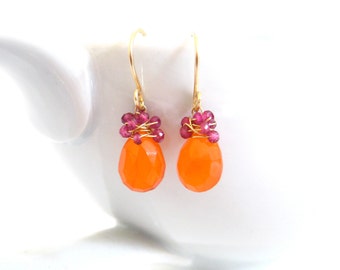Orange Carnelian Earrings, Pink Tourmaline, 14k Gold, Wire Wrapped Gemstone, Dangle Earrings, Handmade Jewelry, Pink Grapefruit