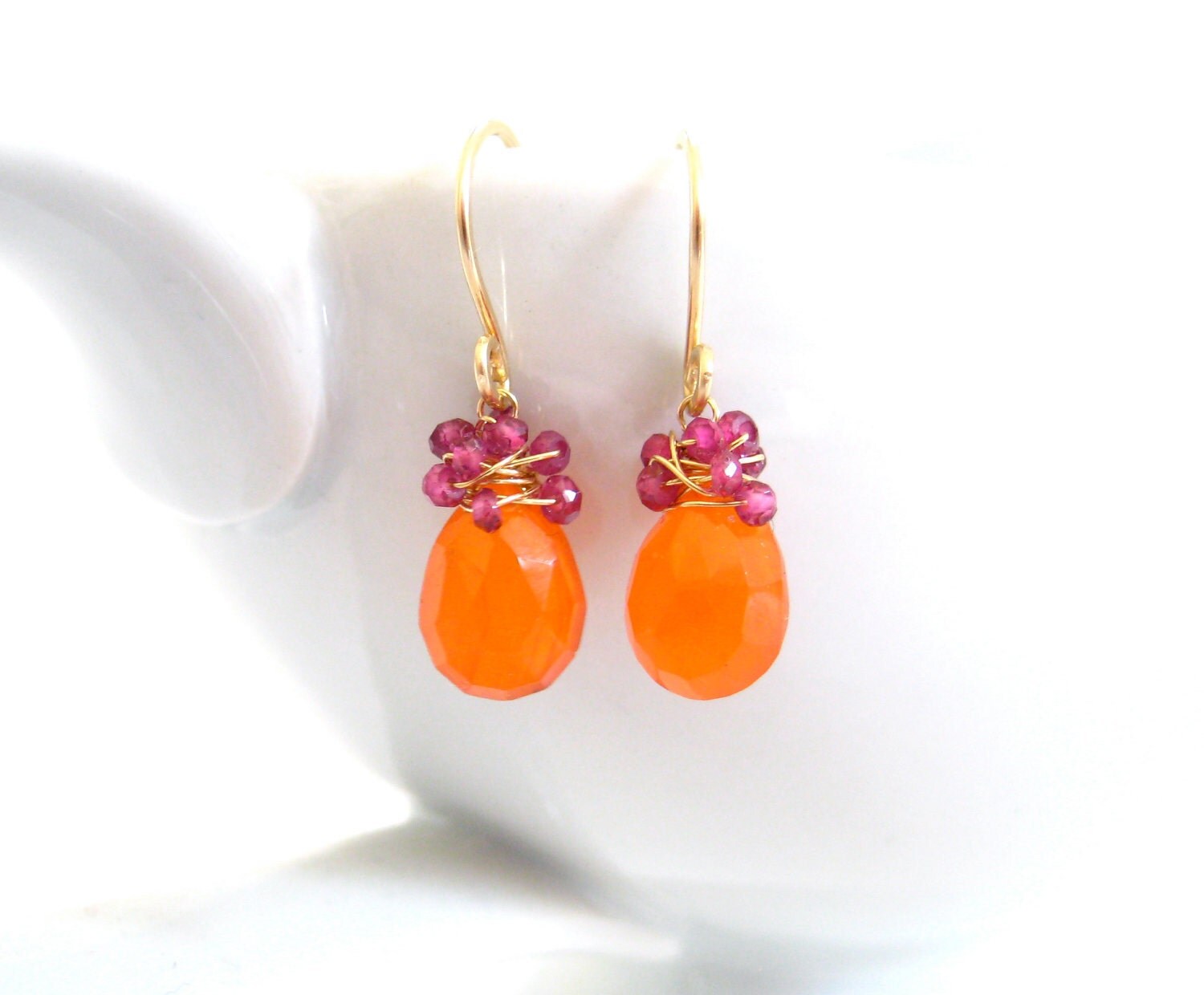 Orange Carnelian Earrings Pink Tourmaline 14k Gold Wire