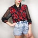90s Sheer Sleeves Poppy Red Color Block Blouse (S)