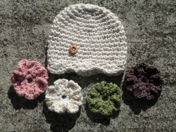 Cream Organic Crochet Baby Hat with Interchangeable Flowers