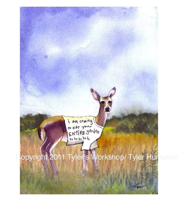 Funny Deer Greeting Card Deer Art Garden Watercolor