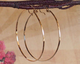 Gold Reflection Hoop Earrings, Prism Hoops, Flat Front Hammered Earrings, 14K Yellow Gold Filled Wire, High Fashion Hoops, Blue Wave Jewelry