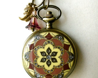 Pocket Watch Necklace Set Old Rose Burgundy Watch Locket Pendant & Earrings Boho Floral Mandala Lotus Buddhist Wedding Anniversary Birthday