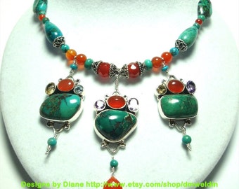 Turquoise Necklace Turuoise Designer Necklace Turquoise Nugget Necklace with Carnelian and Faceted Gemstones in Sterling