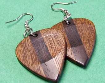 Wood Guitar Pick Earrings - Premium Quality - Handmade with Sapele and Desert Ironwood - Artisan Wooden Jewelry