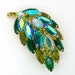 Vintage Juliana Style Leaf or Feather Brooch High Dome Aurora Borealis and Green Wide Navettes