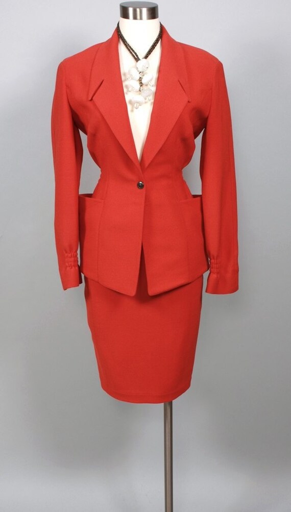 Vintage THIERRY MUGLER Suit Fire Red Jacket Skirt by StatedStyle