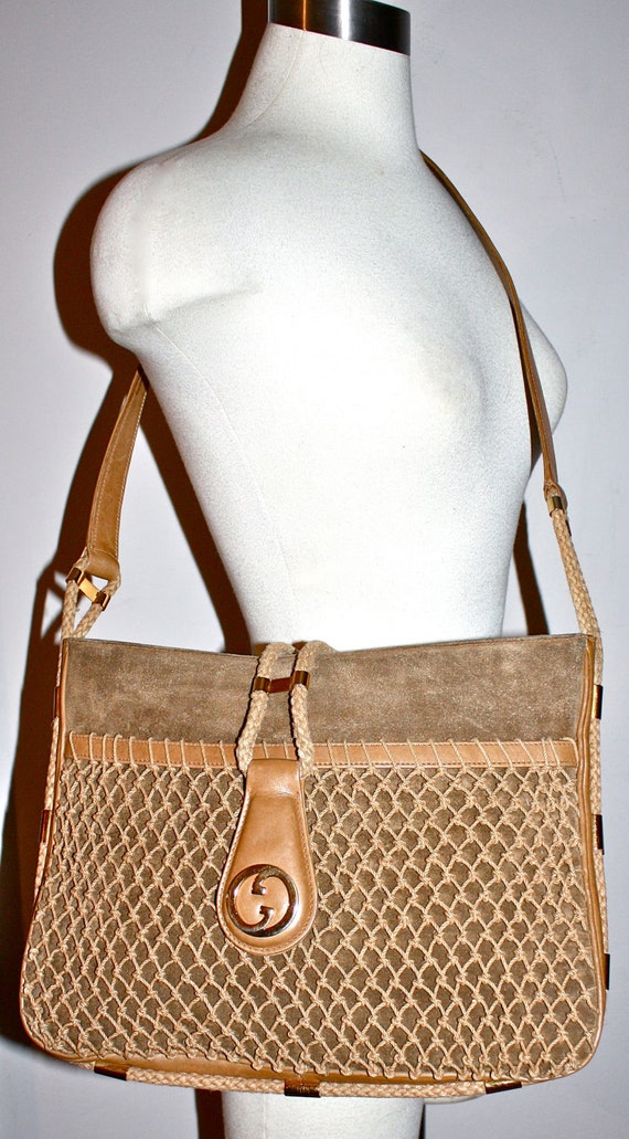 Vintage GUCCI Tote Light Brown Suede Leather Netted Handbag