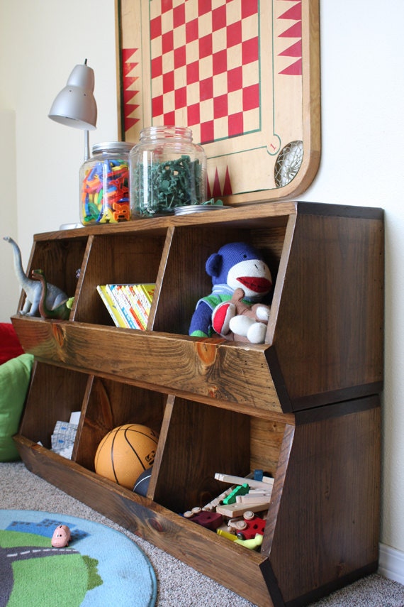 wood toy storage with bins