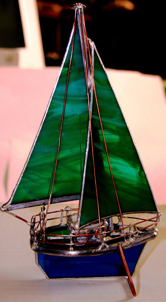 Sail boat Sea Green Stained Glass Model