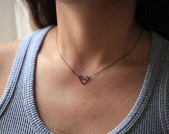 Open heart necklace , rustic jewelry, dainty necklace - Oxidized sterling silver necklace