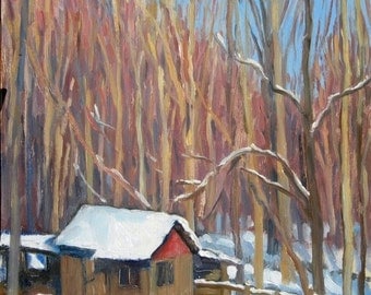 Little Snow Shed, Western Massachusetts. 12x18 Framed Plein Air Winter Landscape, Signed Original American Realist Oil Painting