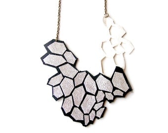 Metallic Silver Statement Necklace, Geometric Necklace, Leather Modern Hexagon Bib Necklace, Faceted Cells, Black Silver Geometric Jewelry