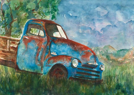 Old Blue Chevy vintage watercolor painting Pickup Truck