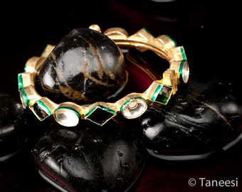 Green Kundan Bangle, Vintage Gold Plated Kundan, Emerald Glass, Royal Bangle Bracelet ,by TANEESI Jewelry