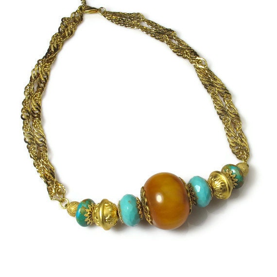 Turquoise and Amber Chunky Bead Necklace Amber Necklace