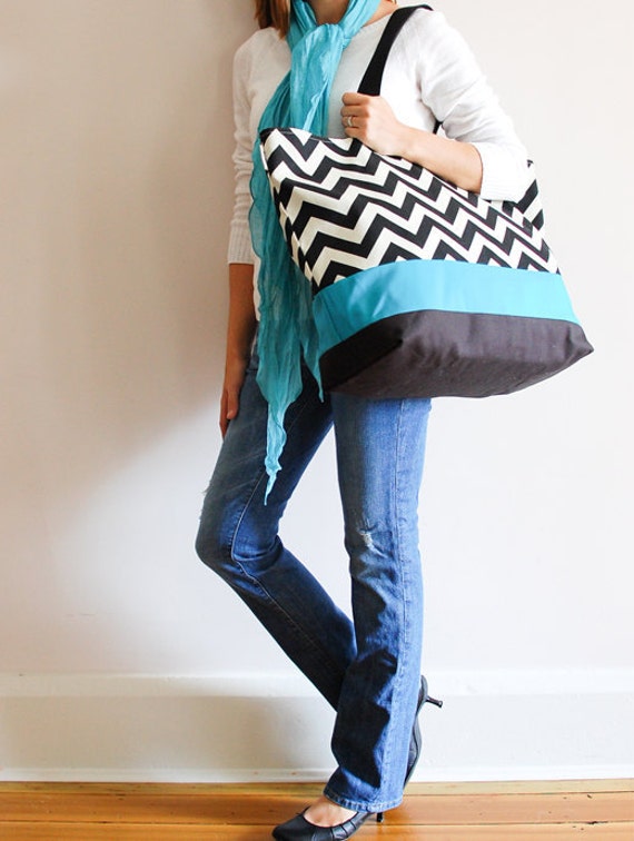 Extra Large Beach Bag  Tote in Black and Cream Chevron, Monogram ...