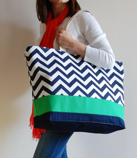 EXTRA Large Beach Bag  Tote in Navy Chevron with Green Accent