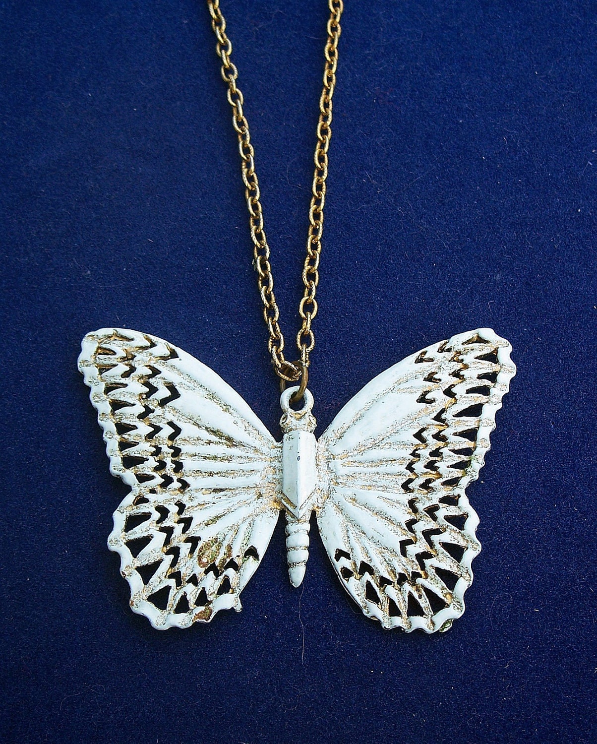 Vintage Butterfly Necklace Large White Gold Enamel Pendant