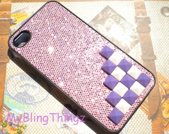 Pink and Purple Pyramid Studs on Baby Pink Glitter Sparkle Bling Case Cover for Apple iPhone 4 4G 4S AT&T Verizon Sprint