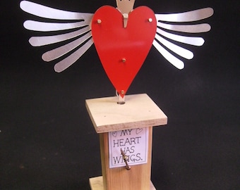 A hand made automata for Valentines day entitled 'My Heart Has Wings'
