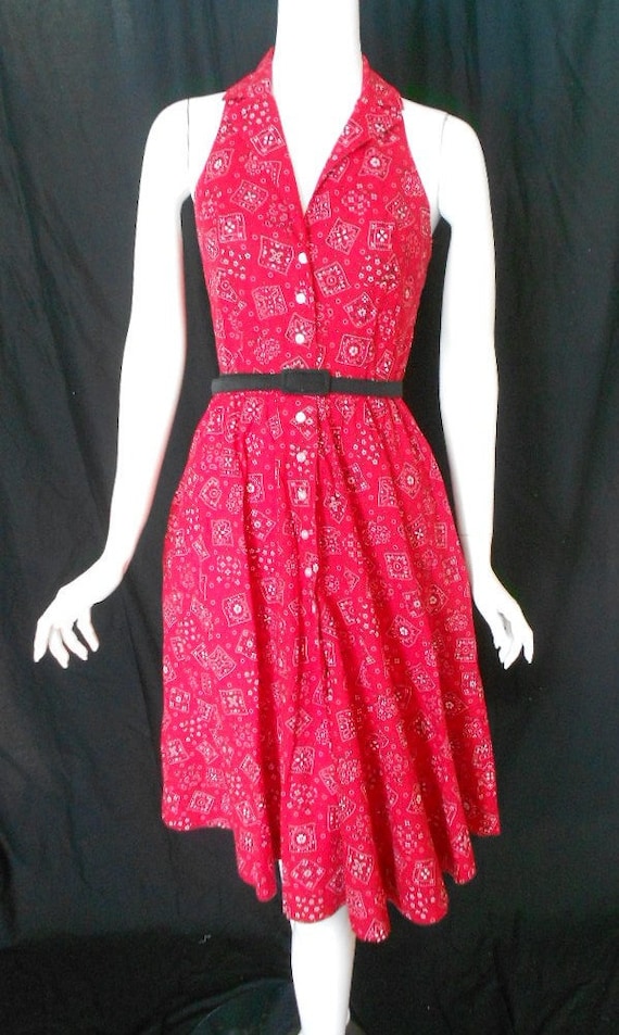 Vintage Sundress Red Bandana Print Dress Shirtwaist Dress Med