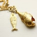 Seashell, Pearl, and Fish Necklace Vintage / Gold Tone / Long / Pendant / Retro