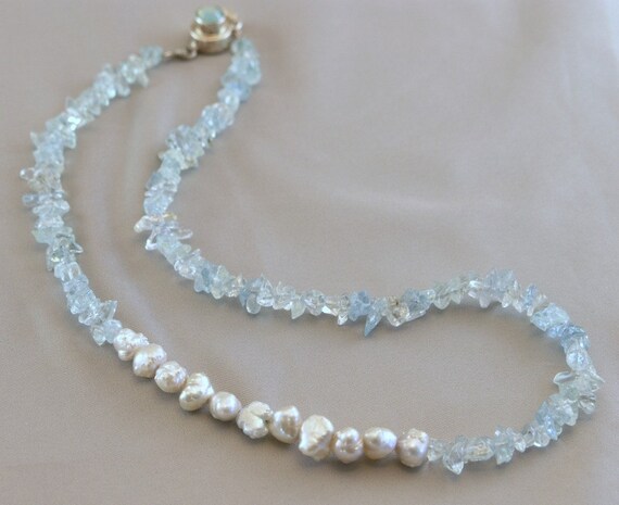 Aquamarine Chips and Baroque Freshwater Pearl Necklace