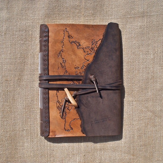 World Map Custom Leather Journal Or Sketchbook Hand Cut