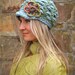 green SLOUCHY beanie crochet Slouch hat FLOWER cap NEWSBOY hat Bohemian hat interwoven pattern Hippie Gypsy Funky hat green steel blue