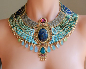 Egyptian Goddess - CUSTOM Made to order - Bead Embroidered, Egyptian Scarab Collar Necklace, Gemstones and Goldplate Beads