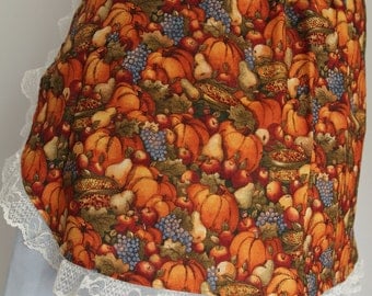 Apron Half Hostess vegetable and fruit print and lace - orange, gold, blue, gold