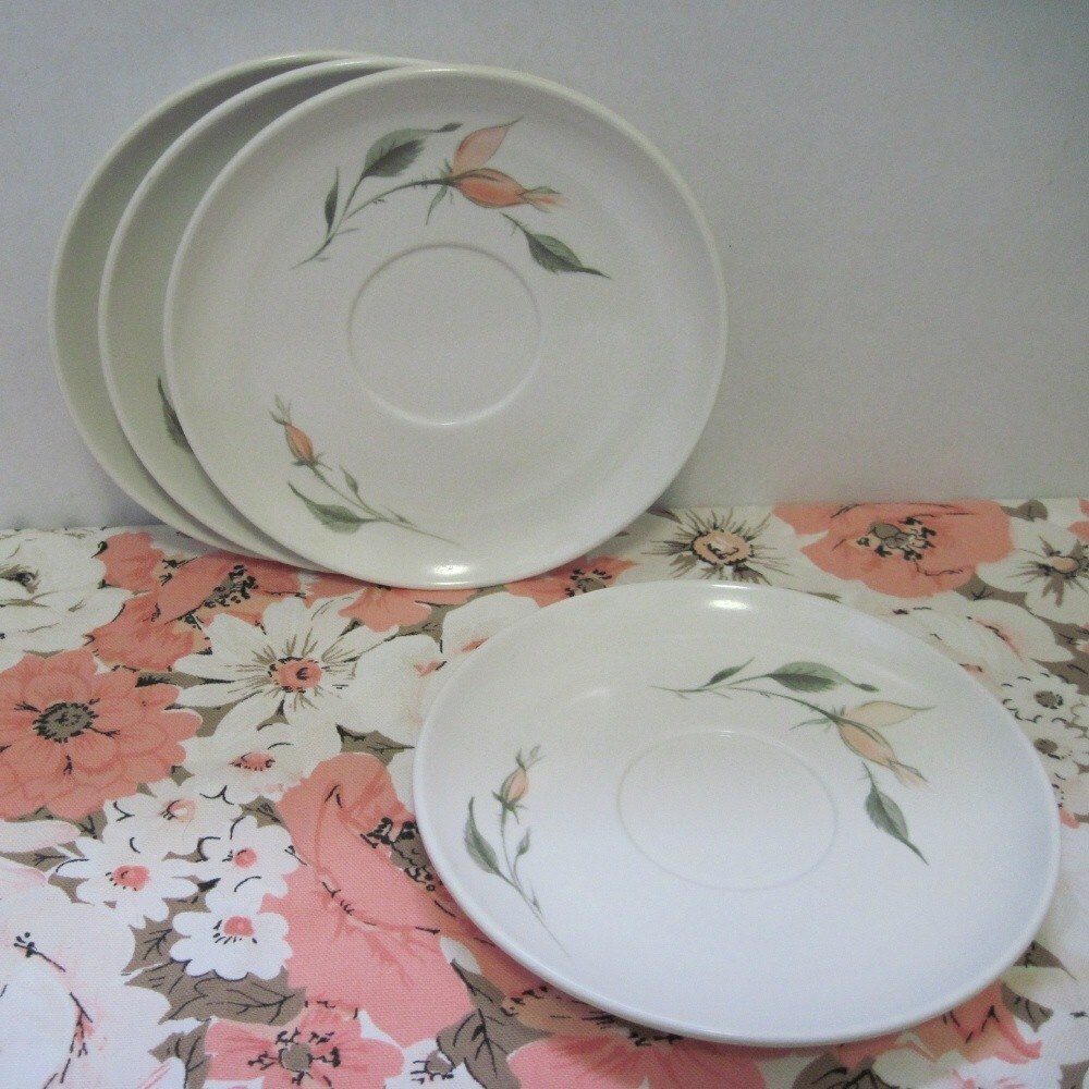 4 1960s Vintage Pink Rosebud Melmac Saucers Debonair Haute Juice