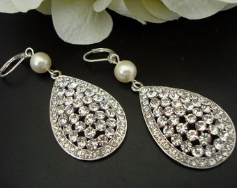 Bridal Earrings,Ivory or White Pearls,Bridal Jewelry,Bridal Rhinestone Earrings,Bridal Pearl Earrings,Statement Bridal Earrings,SHANNON
