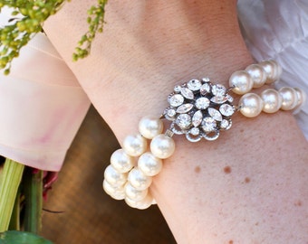 Pearl Rhinestone Bracelet,Bridal Bracelet,Rhinestone Bridal Bracelet,Swarovski Pearls,Statement Bridal Bracelet, Bridal Cuff,Pearl,ALEXANDRA