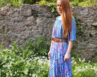 Kathrine, French Vintage, 1970s Striped Floral Midi Dress, from Paris
