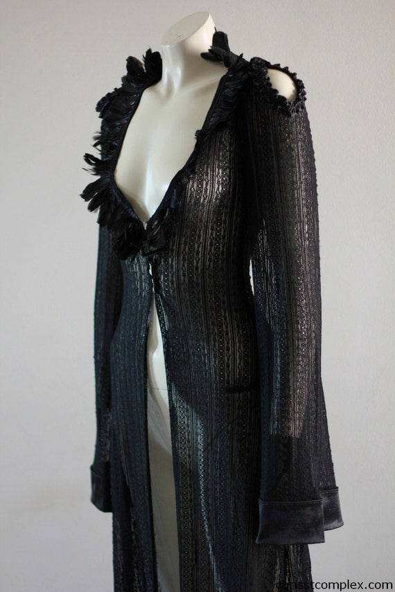 Items similar to Black Lace Robe Feathers Dressing Gown Lingerie ...