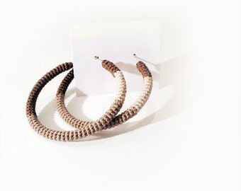 Crochet Tube Hoop Earrings Beige Brown
