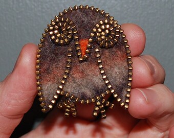 Zipper and Recycled Felted Wool Zipper Brooch/Pin- Owl