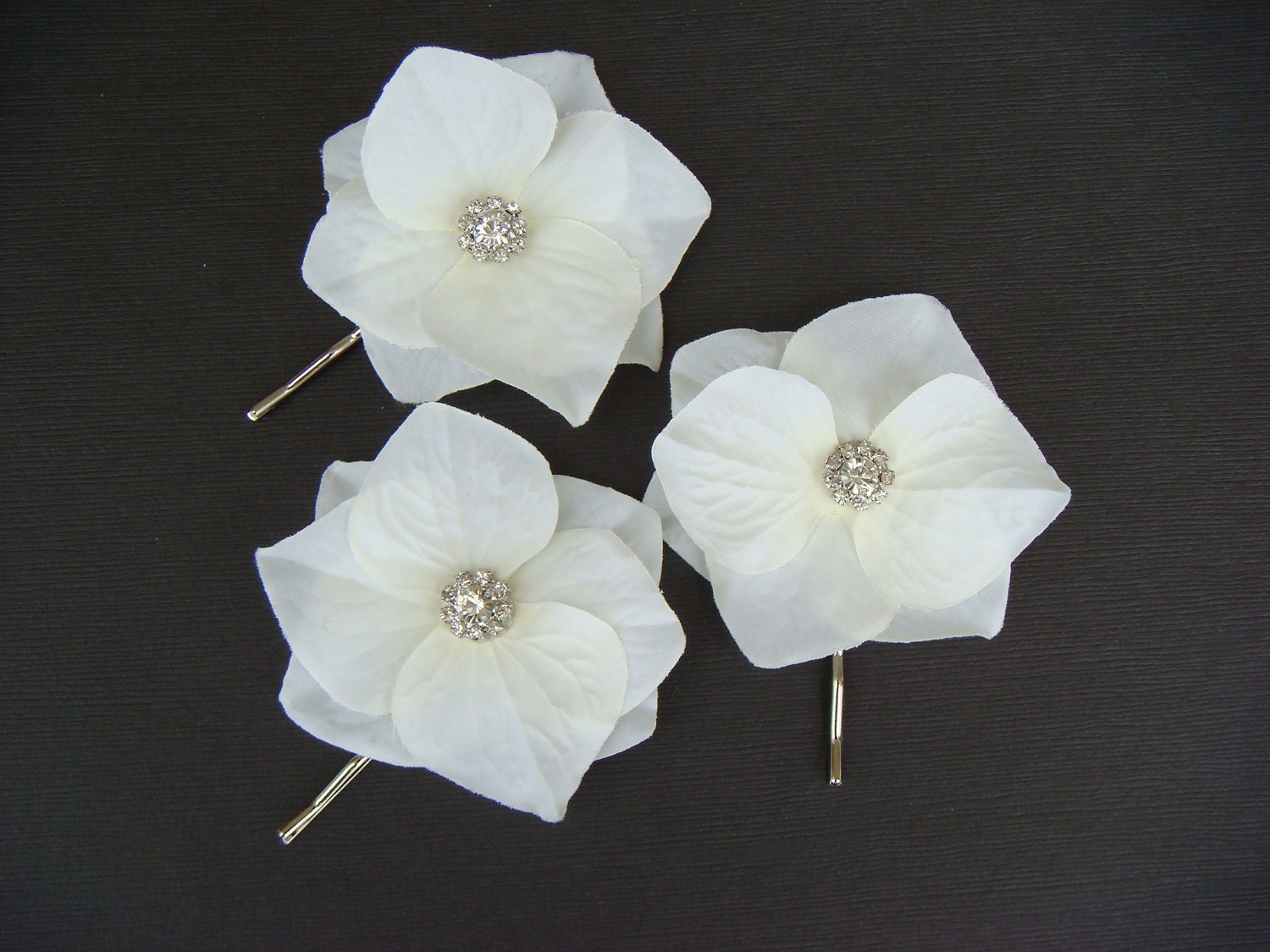 3 Ivory Flower Bobby Pins with sparkling rhinestones / set of